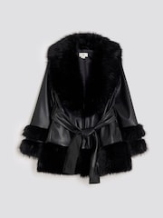 River Island Black Faux Leather Fur Wrap Coat - Image 1 of 4