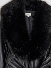 River Island Black Faux Leather Fur Wrap Coat - Image 3 of 4