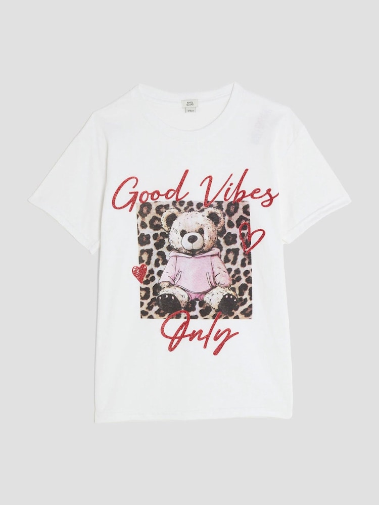 River Island White Girls Leopard Print Bear T-Shirt - Image 1 of 4