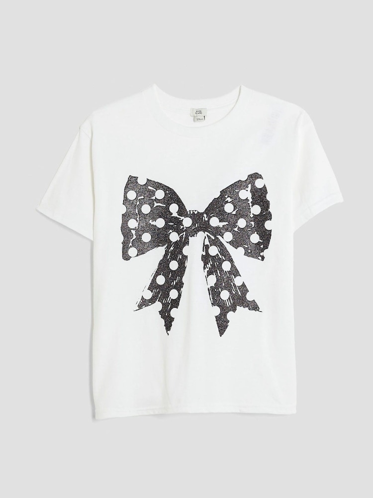 River Island White Girls Polka Dot Bow T-Shirt - Image 1 of 4