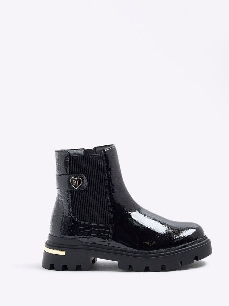 River Island Black Girls Patent Heart Strap Chelsea Boots - Image 1 of 5