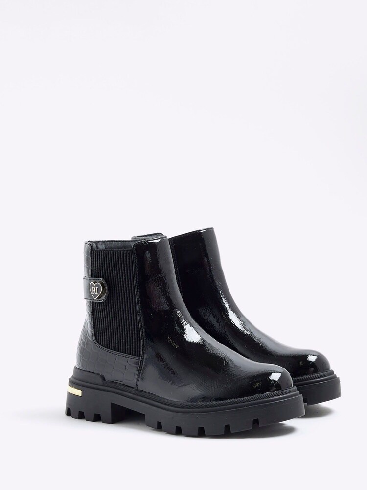 River Island Black Girls Patent Heart Strap Chelsea Boots - Image 2 of 5