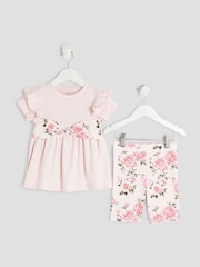 River Island Pink Girls Floral Print Bow Rib Top Set - Image 1 of 5