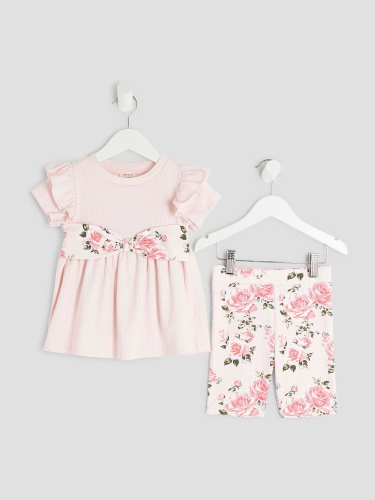 River Island Pink Girls Floral Print Bow Rib Top Set - Image 1 of 5