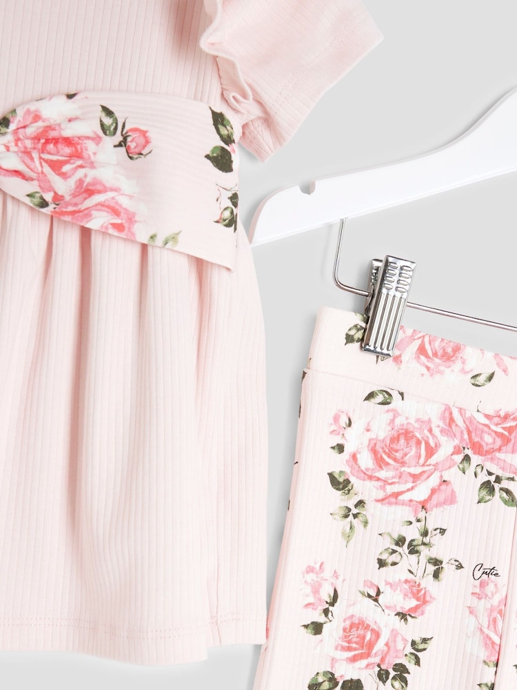 River Island Pink Girls Floral Print Bow Rib Top Set - Image 5 of 5