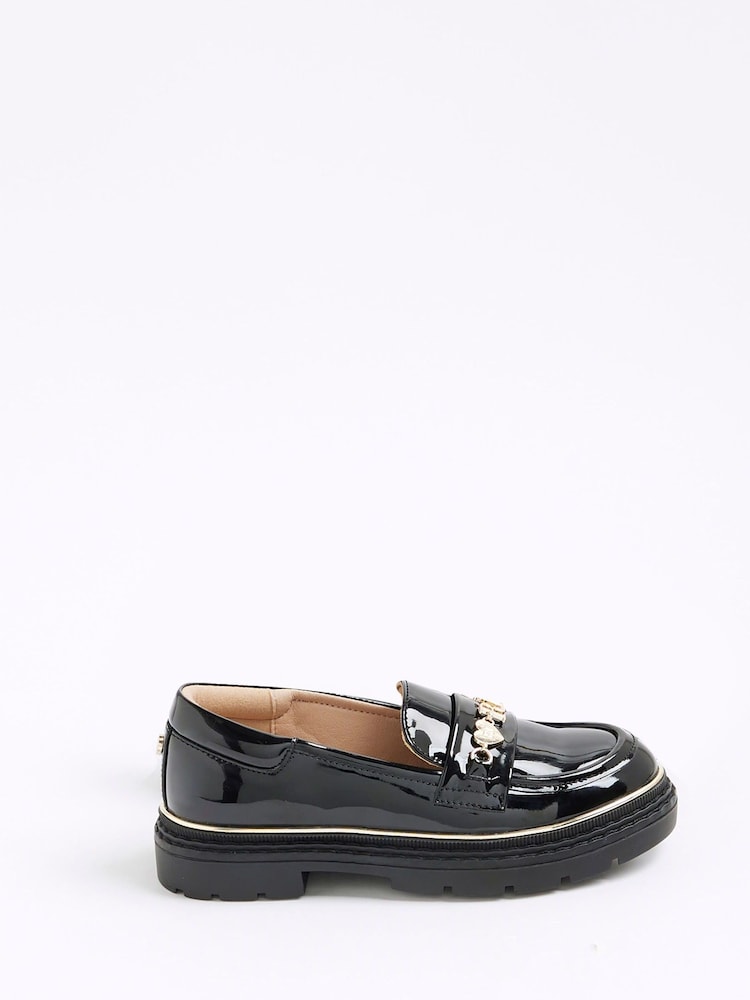 River Island Black Girls Patent Flower Chain Loafers - Image 1 of 4