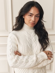 Laura Ashley Cream Chunky Patchwork Cable Turtle Neck Jumper with a Touch of Wool - Image 12 of 12