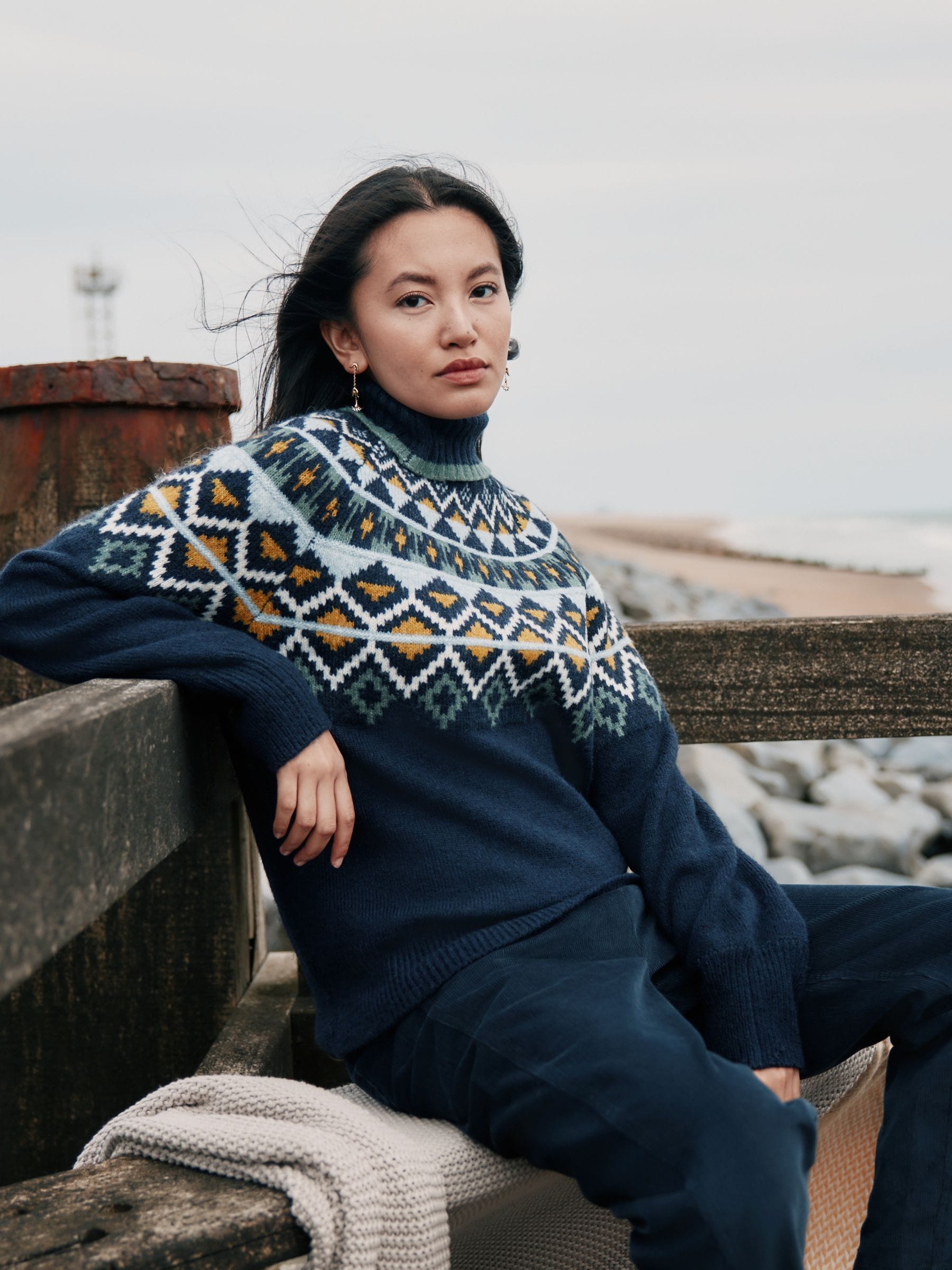 Buy Laura Ashley Blue Fairisle Pattern Roll Neck Jumper With Wool