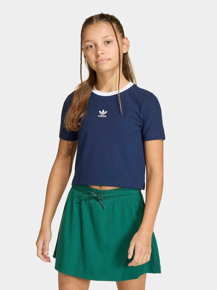 adidas Originals Blue Crop Mini Rib T-Shirt - Image 1 of 6 adidas Originals Blue Crop Mini Rib T-Shirt - Image 1 of 6