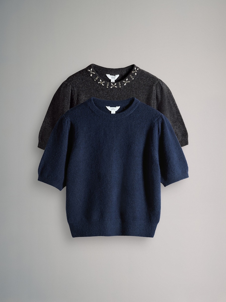 The Set Embellished Charcoal Grey/Navy Blue 2 Pack Knitted T-Shirts - Image 1 of 5
