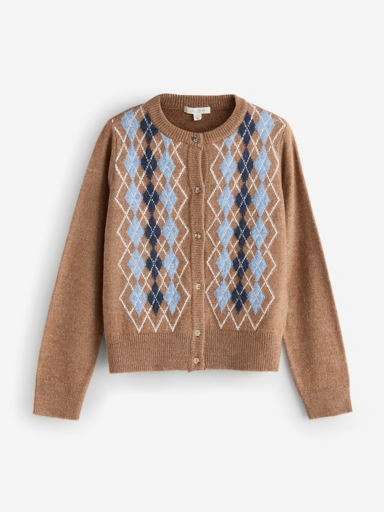 Laura Ashley Tan Brown Argyle Knit Cardigan with A Touch Of Wool - Image 1 of 3