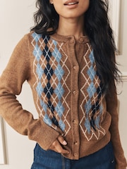 Laura Ashley Tan Brown Argyle Knit Cardigan with A Touch Of Wool - Image 5 of 8