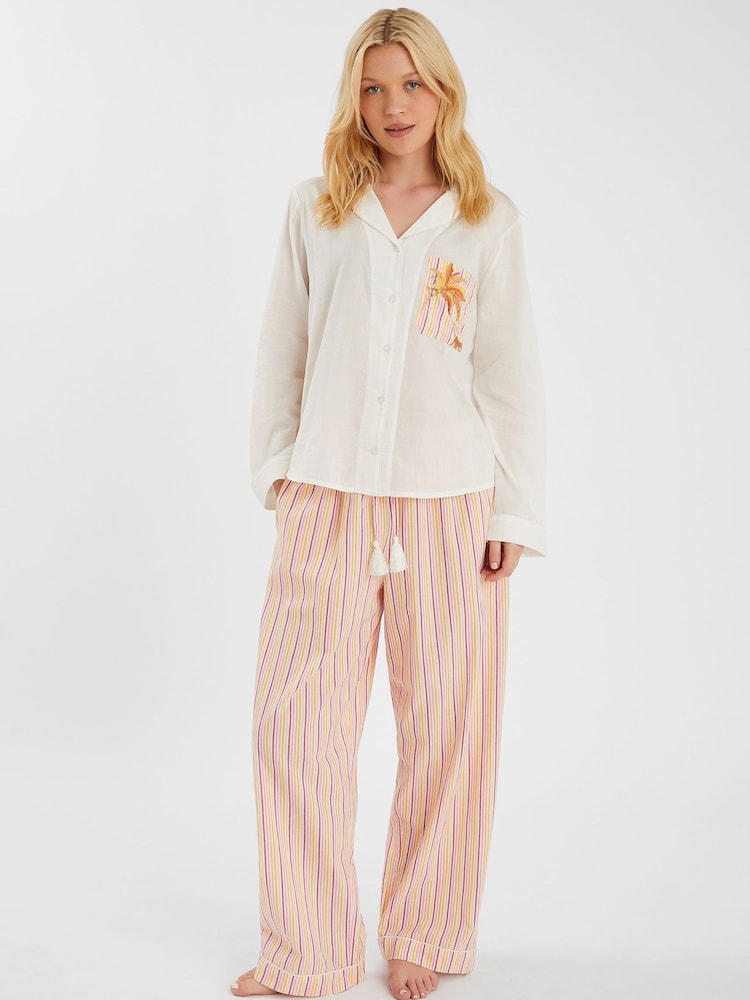 Accessorize Pink Embroidered Stripe Long Pyjamas Set - Image 1 of 4
