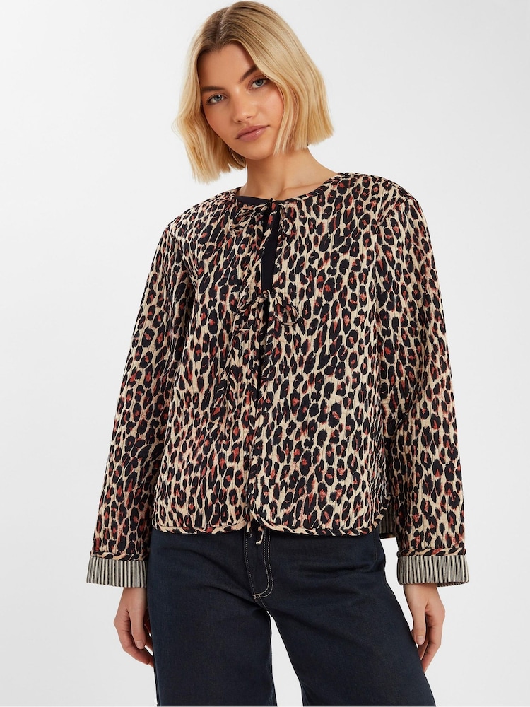 Accessorize Animal Leopard Print Tie Front Quilted Jacket - Image 1 of 4