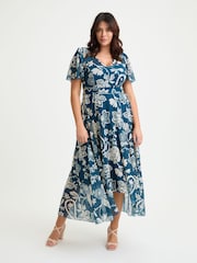 Scarlett & Jo Blue Tilly Print Angel Sleeve Sweetheart Dress - Image 1 of 5