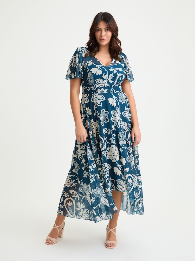 Scarlett & Jo Blue Tilly Print Angel Sleeve Sweetheart Dress - Image 1 of 5