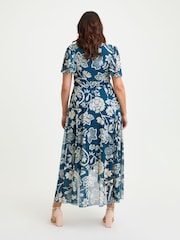 Scarlett & Jo Blue Tilly Print Angel Sleeve Sweetheart Dress - Image 2 of 5