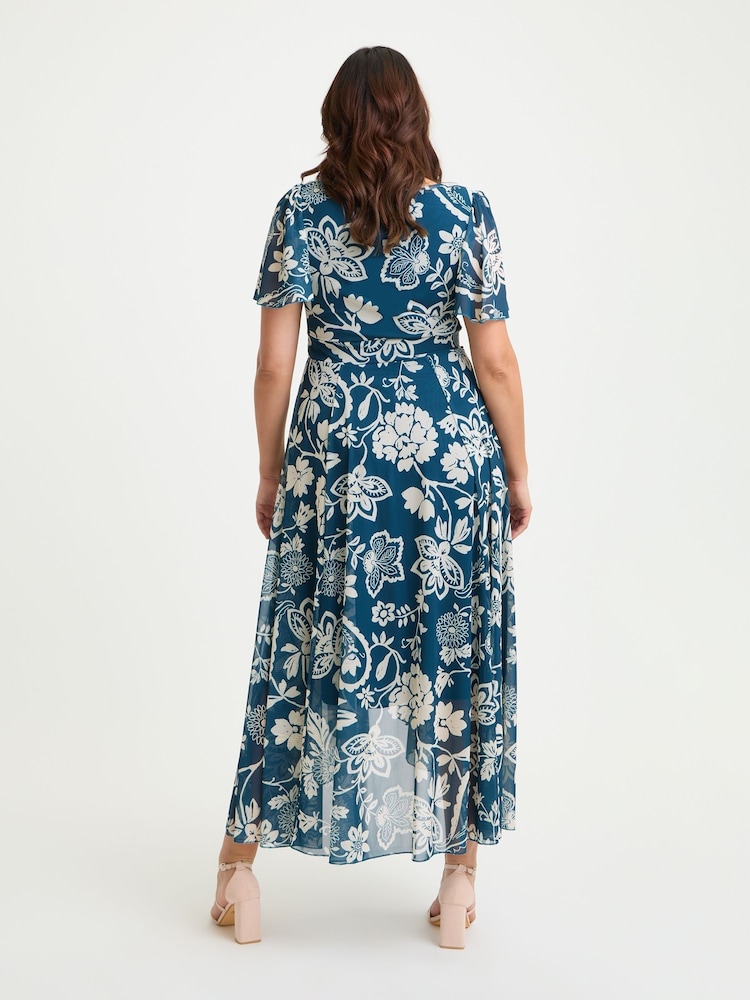 Scarlett & Jo Blue Tilly Print Angel Sleeve Sweetheart Dress - Image 2 of 5