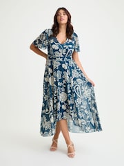Scarlett & Jo Blue Tilly Print Angel Sleeve Sweetheart Dress - Image 3 of 5