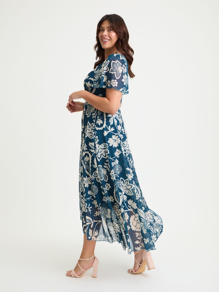 Scarlett & Jo Blue Tilly Print Angel Sleeve Sweetheart Dress - Image 5 of 5