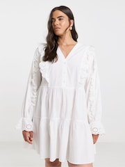 Simply Be White Ruffle Detail Cotton Broderie Shirt Dress - Image 1 of 5