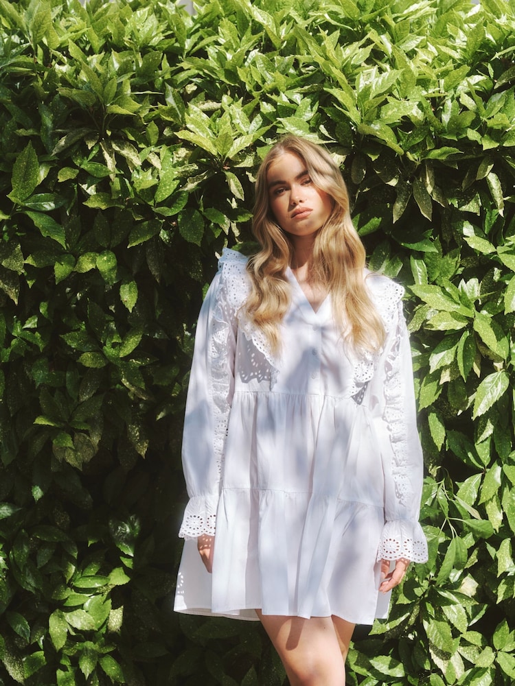 Simply Be White Ruffle Detail Cotton Broderie Shirt Dress - Image 1 of 5