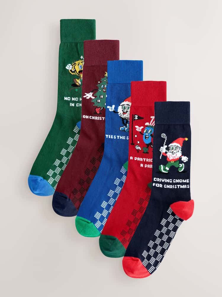 Blue/Green/Red Golf Novelty Christmas Pattern Socks 5 Pack - Image 1 of 8