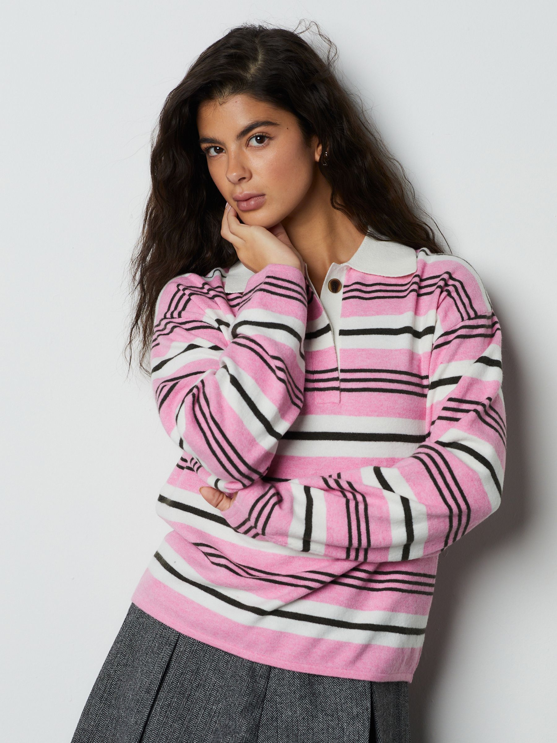 Buy Pink/Chocolate Brown Stripe Supersoft Knitted Long Sleeve Polo