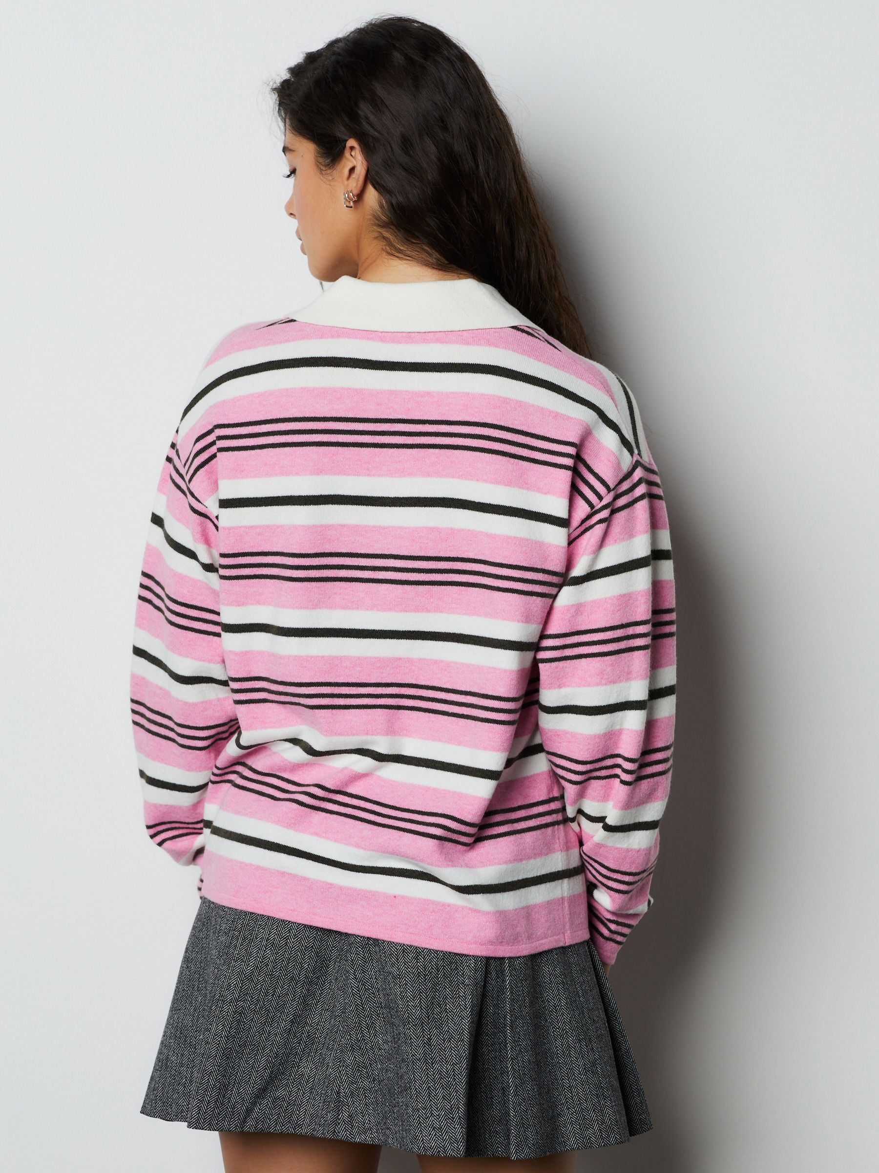 Buy Pink/Chocolate Brown Stripe Supersoft Knitted Long Sleeve Polo