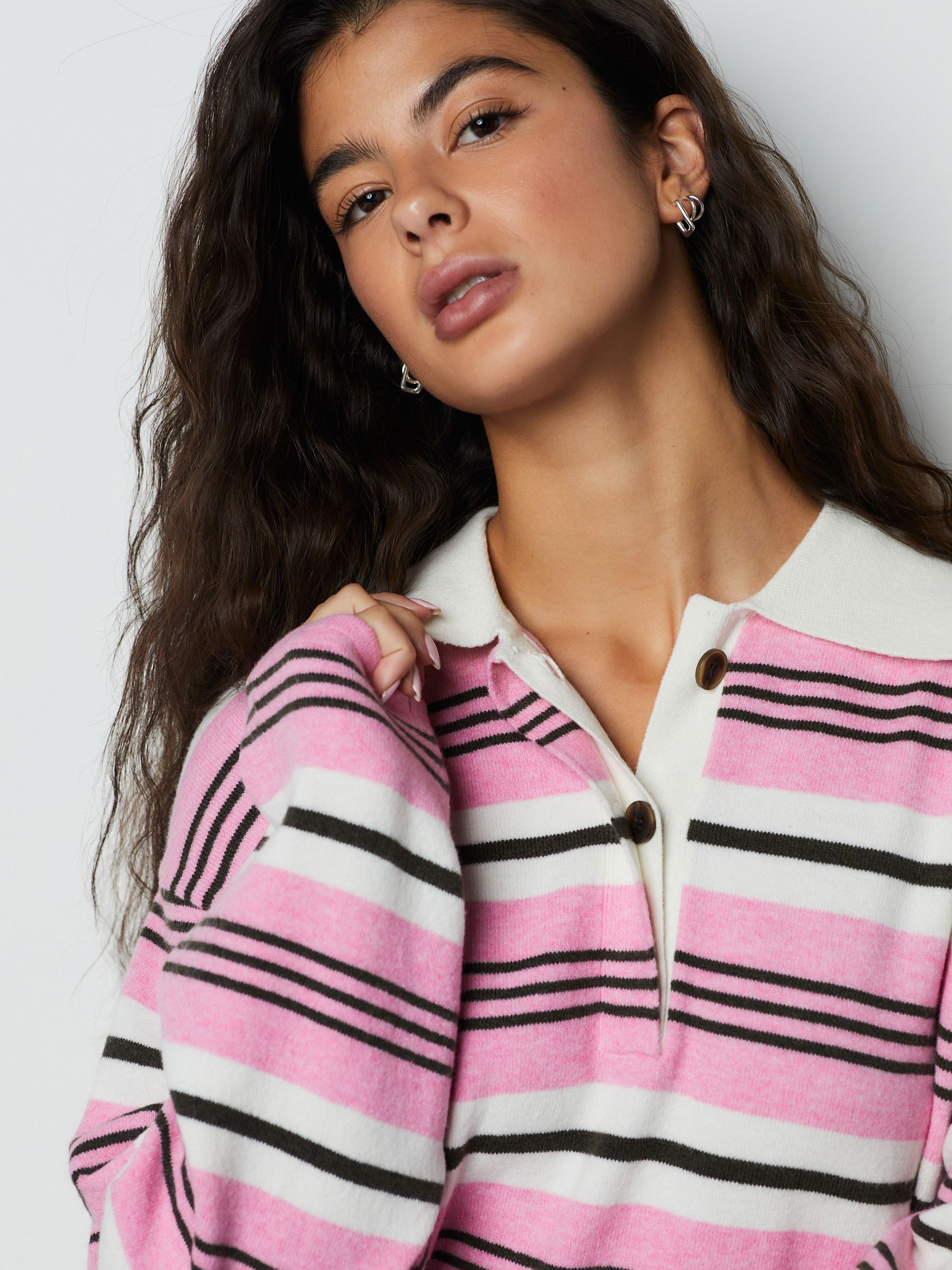 Buy Pink/Chocolate Brown Stripe Supersoft Knitted Long Sleeve Polo