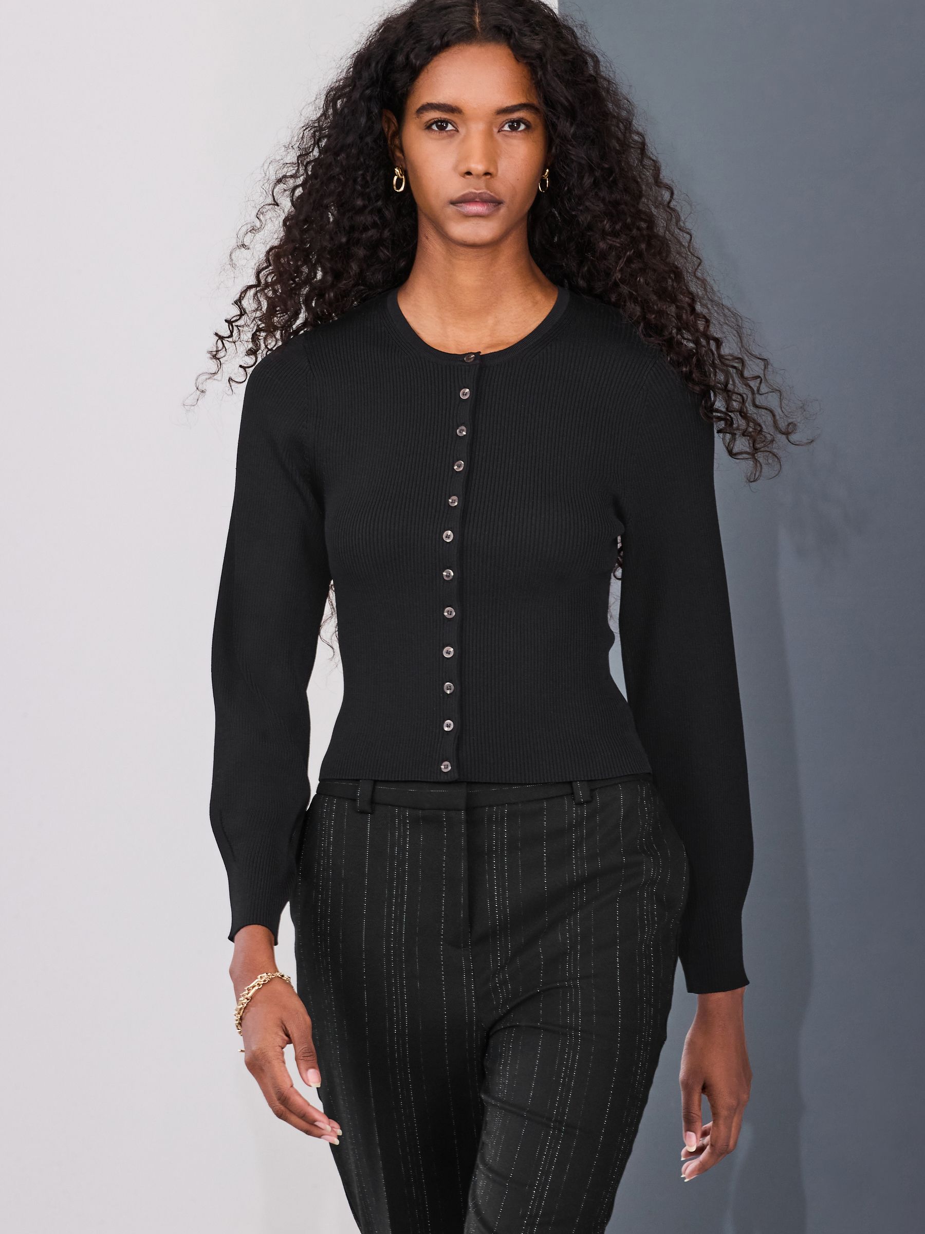 Buy Black Ribbed Volume Sleeve Knitted Cardigan from the Next UK