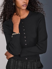 Black Ribbed Volume Sleeve Knitted Cardigan - Image 4 of 8