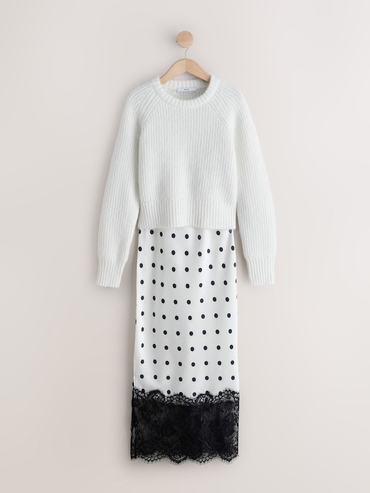 Womens Next White/Black Polka Dot 2 in 1 Jumper Slip Dress L Regular (US 12-14)