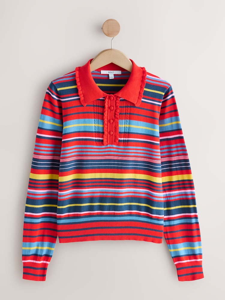 Red Multi Stripe Soft Touch Cotton Rich Frill Polo Top - Image 1 of 3 Red Multi Stripe Soft Touch Cotton Rich Frill Polo Top - Image 1 of 3