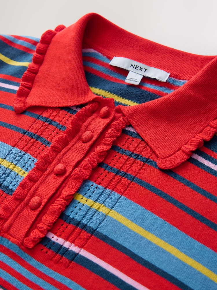 Red Multi Stripe Soft Touch Cotton Rich Frill Polo Top - Image 2 of 3 Red Multi Stripe Soft Touch Cotton Rich Frill Polo Top - Image 2 of 3