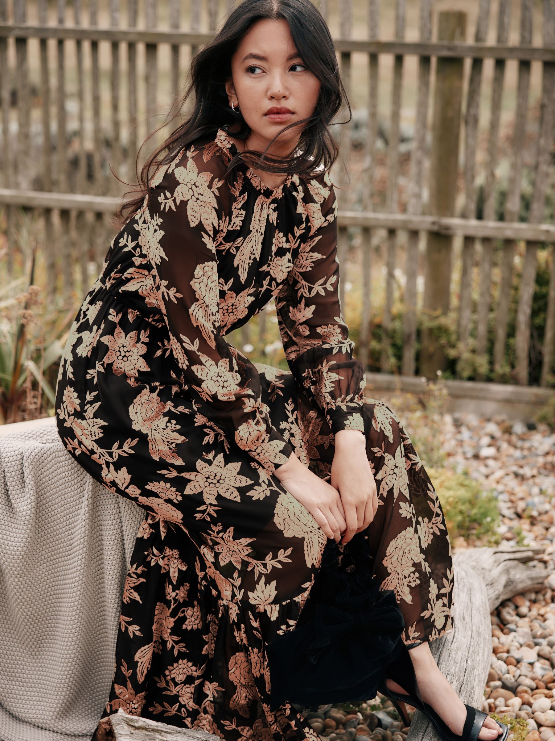Buy Laura Ashley Black Cream Velvet Devore Maxi Dress from the