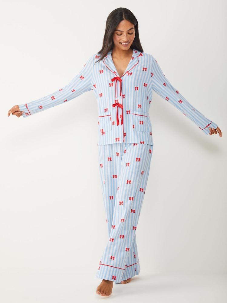 Society 8 Blue Stripe Bow Pyjama set - Image 1 of 4 Society 8 Blue Stripe Bow Pyjama set - Image 1 of 4