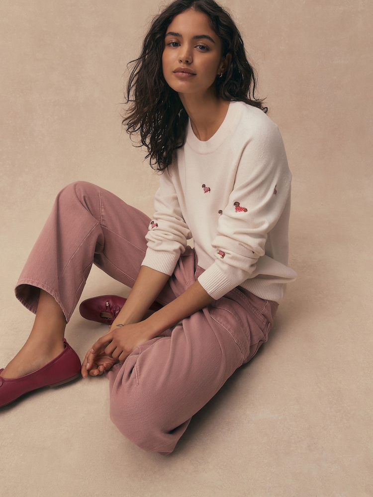 Ecru Sausage Dog Embroidery Supersoft Crew Neck Long Sleeve Jumper - Image 2 of 4