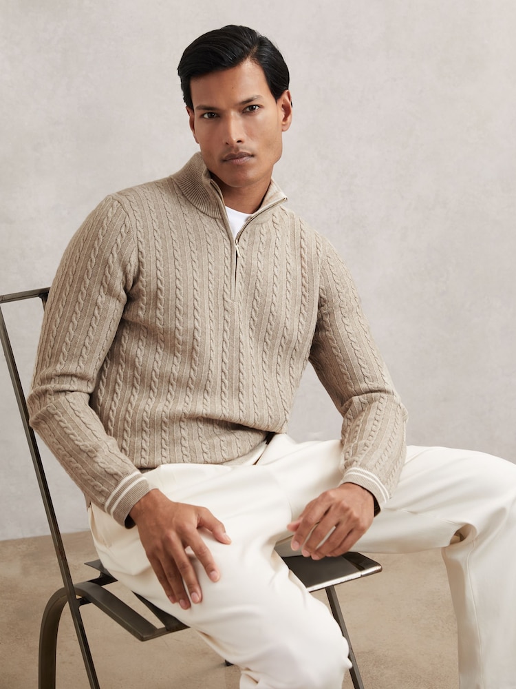 Reiss Oatmeal Brown Tuscano Half-Zip Cable Knit Jumper With Wool - Image 1 of 6 Reiss Oatmeal Brown Tuscano Half-Zip Cable Knit Jumper With Wool - Image 1 of 6