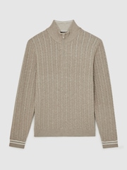 Reiss Oatmeal Brown Tuscano Half-Zip Cable Knit Jumper With Wool - Image 2 of 6