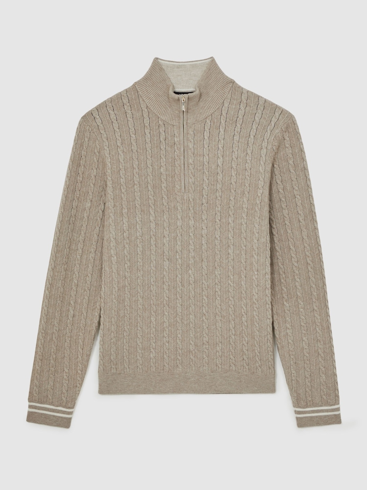 Reiss Oatmeal Brown Tuscano Half-Zip Cable Knit Jumper With Wool - Image 2 of 6