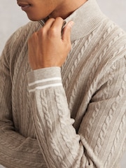 Reiss Oatmeal Brown Tuscano Half-Zip Cable Knit Jumper With Wool - Image 3 of 6