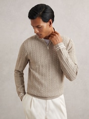 Reiss Oatmeal Brown Tuscano Half-Zip Cable Knit Jumper With Wool - Image 4 of 6
