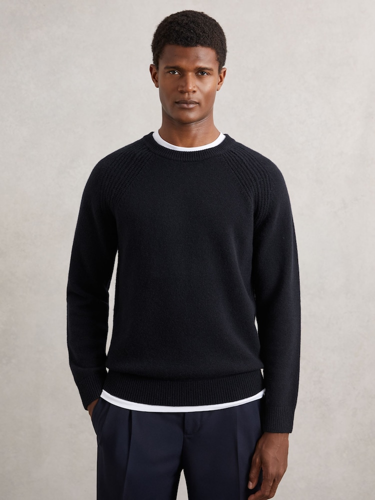 Reiss Navy Foulton Wool Cashmere Reverse-Seam Jumper - Image 1 of 6 Reiss Navy Foulton Wool Cashmere Reverse-Seam Jumper - Image 1 of 6