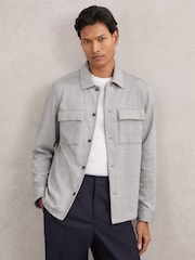 Reiss Soft Grey Laroy Jersey Check Twin-Pocket Overshirt - Image 1 of 7