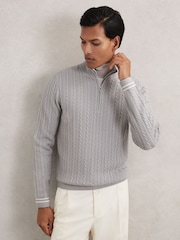 Reiss Soft Blue Tuscano Half-Zip Cable Knit Jumper With Wool - Image 1 of 6