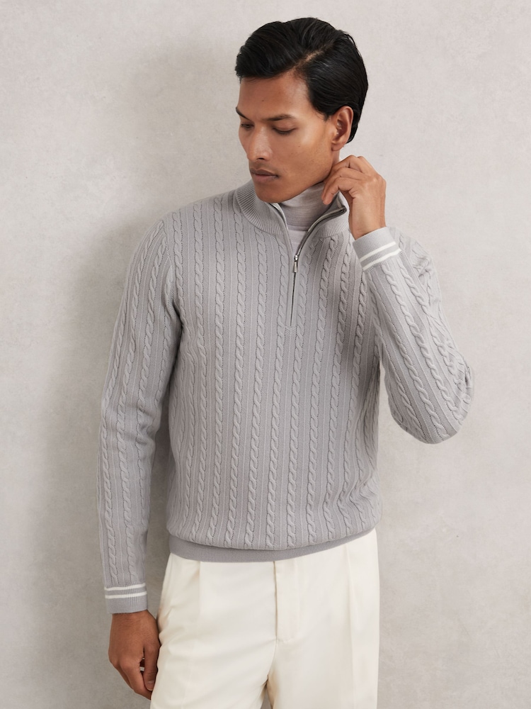 Reiss Soft Blue Tuscano Half-Zip Cable Knit Jumper With Wool - Image 1 of 6 Reiss Soft Blue Tuscano Half-Zip Cable Knit Jumper With Wool - Image 1 of 6