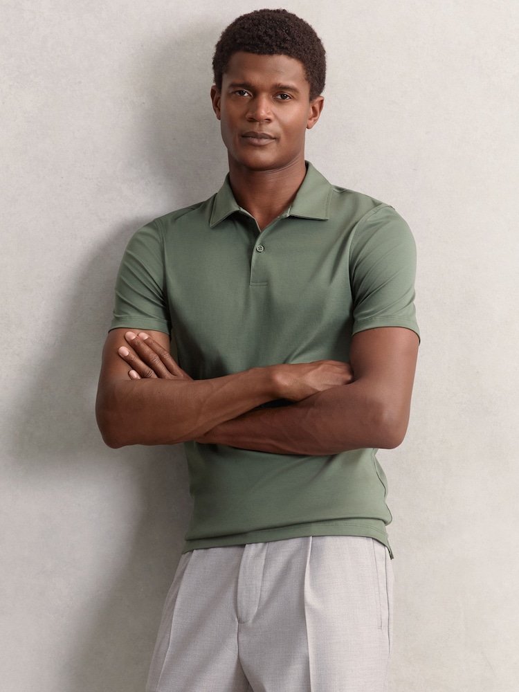 Reiss Kale Green Earl Cotton Short-Sleeve Polo Shirt - Image 1 of 6 Reiss Kale Green Earl Cotton Short-Sleeve Polo Shirt - Image 1 of 6