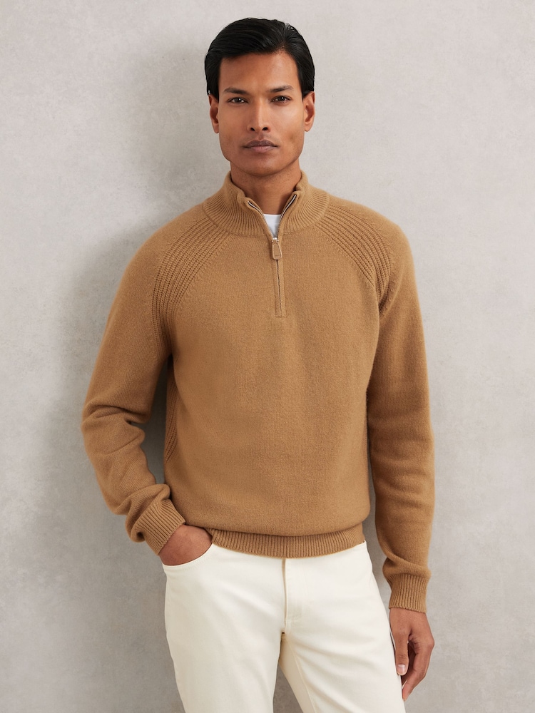 Reiss Camel Charming Wool And Cashmere Half-Zip Jumper - Image 1 of 6 Reiss Camel Charming Wool And Cashmere Half-Zip Jumper - Image 1 of 6