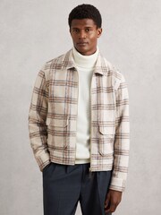 Reiss Stone Varena Zip-Through Check Overshirt with Wool - Image 1 of 7